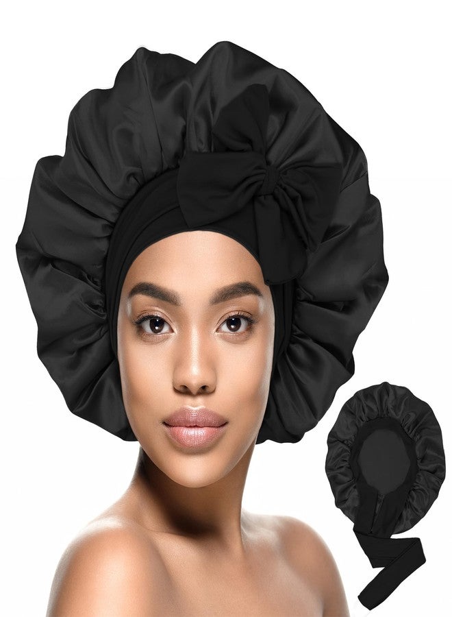 HiRui Silk Satin Bonnet for Sleeping Women, Double-Layer Sleep Cap Shower Cap with Adjustable Tie, Moisture Retaining Satin Lined Hair Bonnet for Curly and Natural Hair (Black, Large) - Image 1